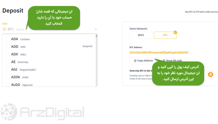 بخش «Deposit» در صرافی بایننس